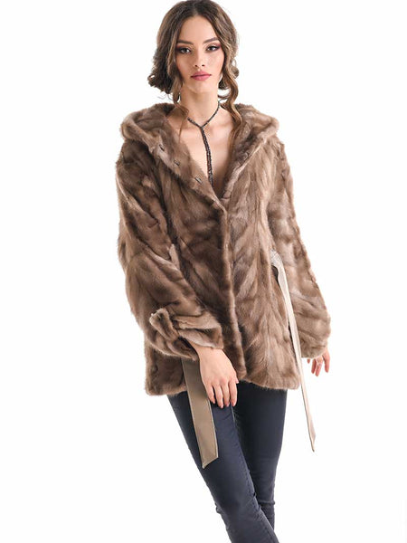 Taupe Hooded Genuine Mink Fur Coat with Leather Belt-2