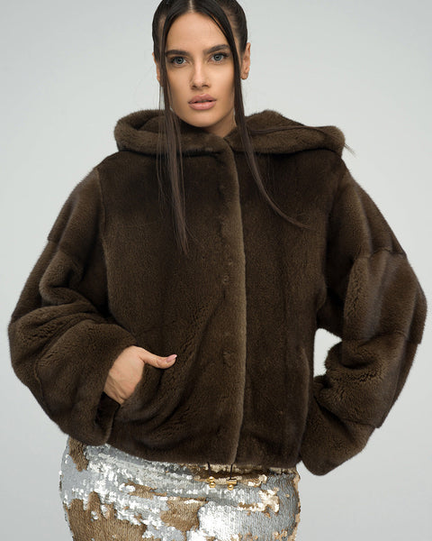 Brown Fluffy Hooded Mink Fur Coat-0