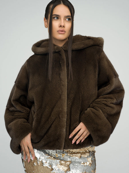 Brown Fluffy Hooded Mink Fur Coat-2