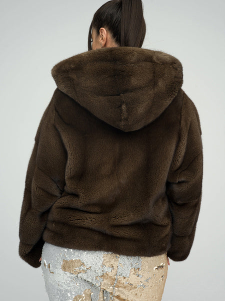 Brown Fluffy Hooded Mink Fur Coat-1
