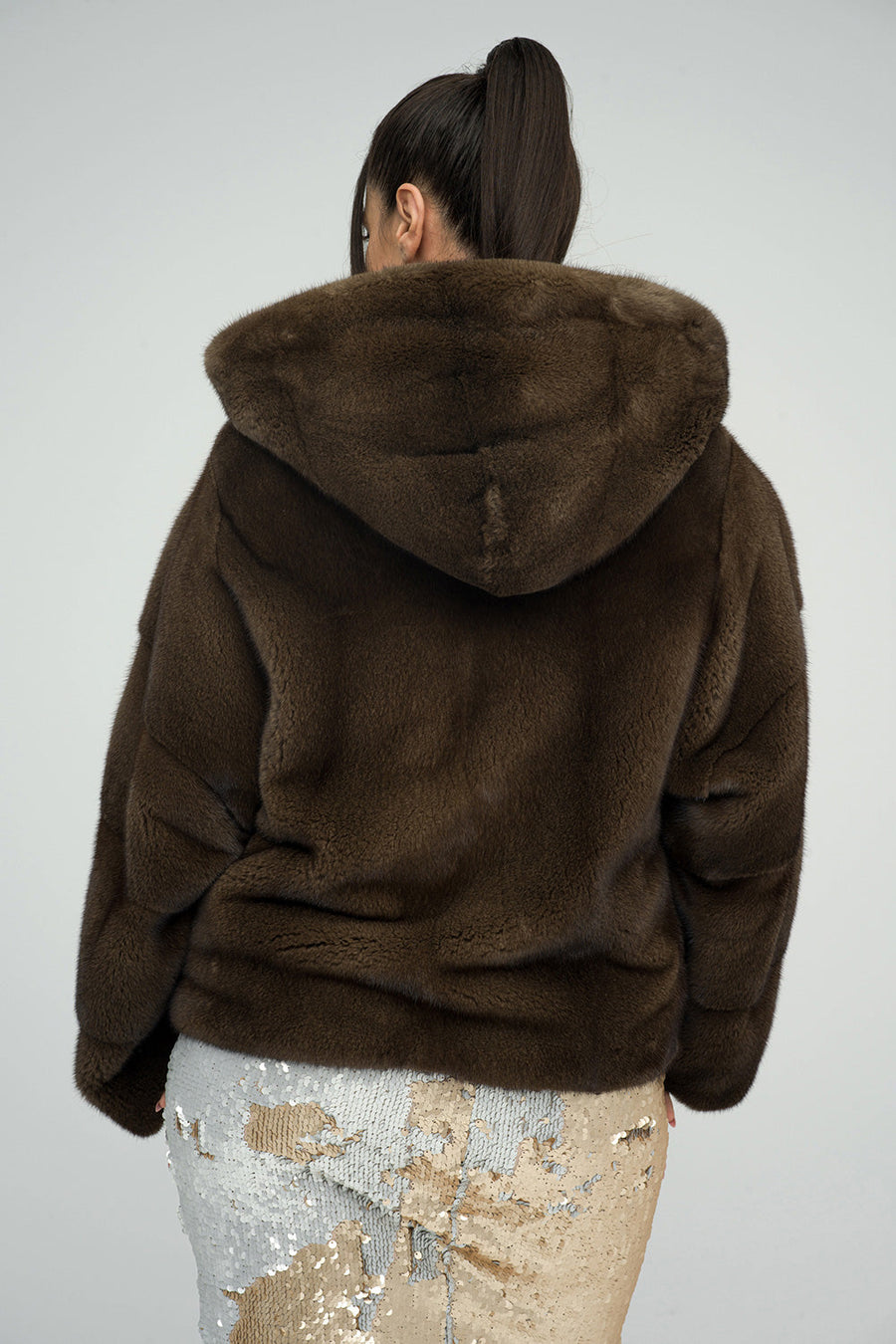 Lorélie Beaumont — Brown Fluffy Hooded Mink Fur Coat, alternate view 2