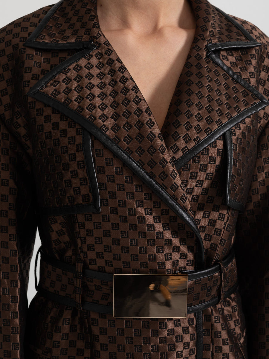 Jacquard Trench Coat With Gold Buckle Waist Belt - Brown