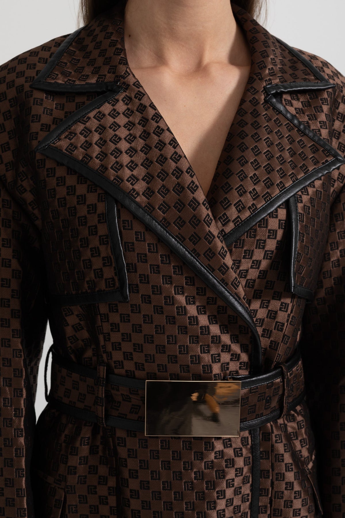 Ginevra — Jacquard Trench Coat With Gold Buckle Waist Belt - Brown, alternate view 7