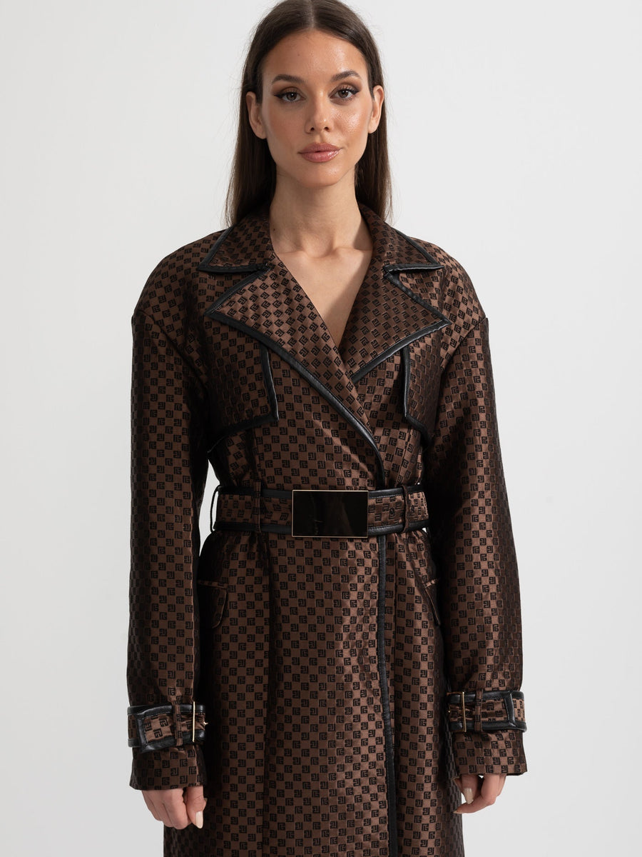 Jacquard Trench Coat With Gold Buckle Waist Belt - Brown