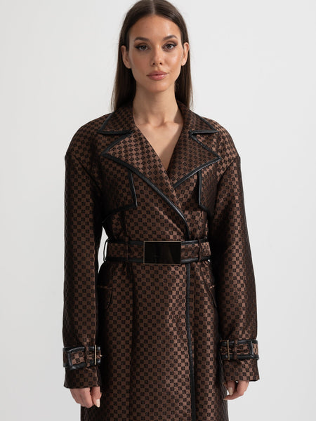Jacquard Trench Coat With Gold Buckle Waist Belt - Brown