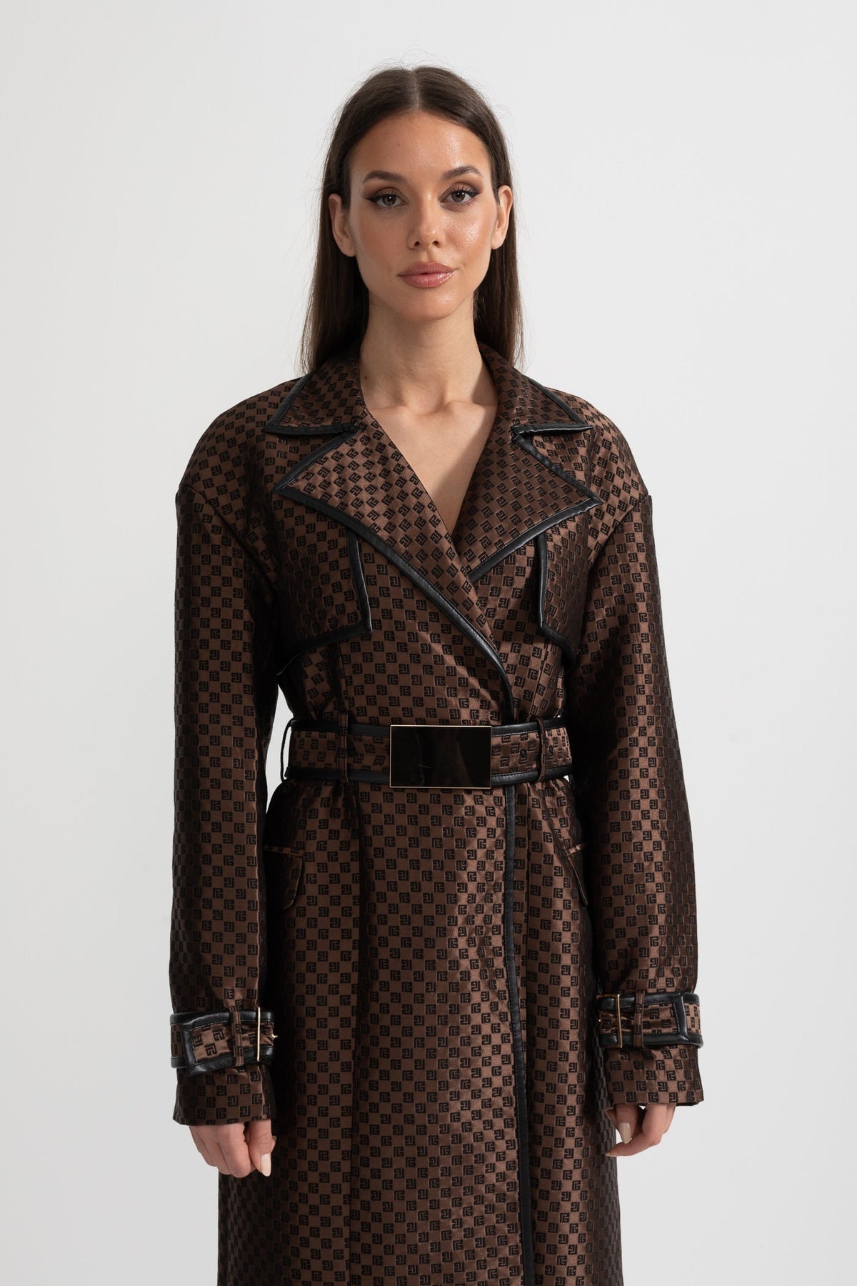 Ginevra — Jacquard Trench Coat With Gold Buckle Waist Belt - Brown, alternate view 5