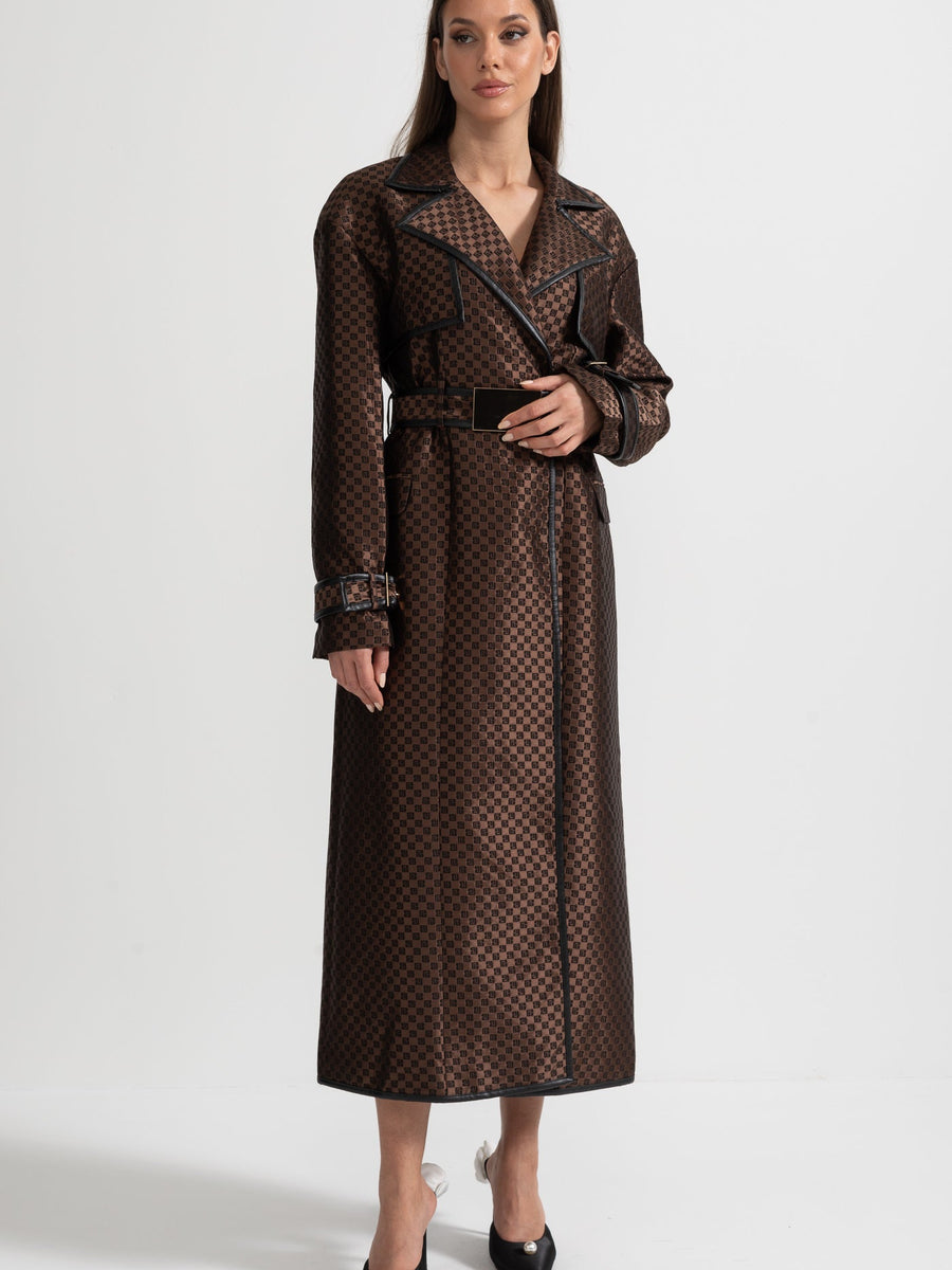 Jacquard Trench Coat With Gold Buckle Waist Belt - Brown