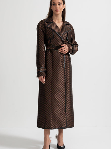 Jacquard Trench Coat With Gold Buckle Waist Belt - Brown