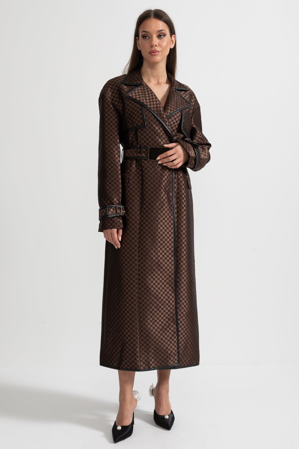 Ginevra — Jacquard Trench Coat With Gold Buckle Waist Belt - Brown, alternate view 4