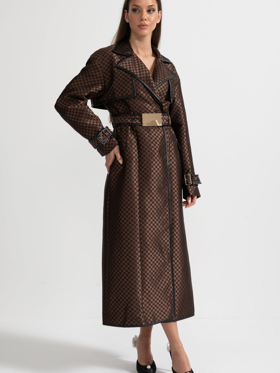 Jacquard Trench Coat With Gold Buckle Waist Belt - Brown