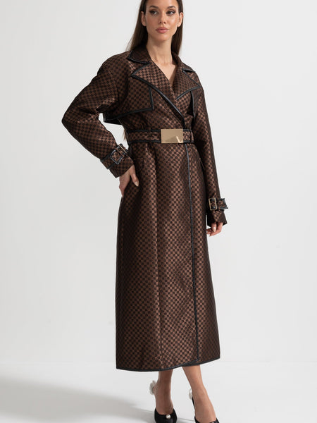 Jacquard Trench Coat With Gold Buckle Waist Belt - Brown
