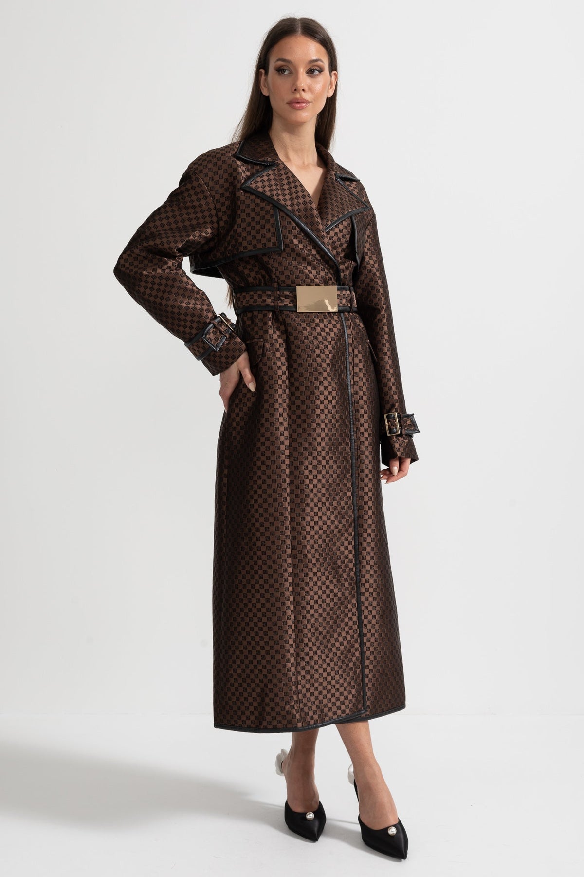 Ginevra — Jacquard Trench Coat With Gold Buckle Waist Belt - Brown, alternate view 3