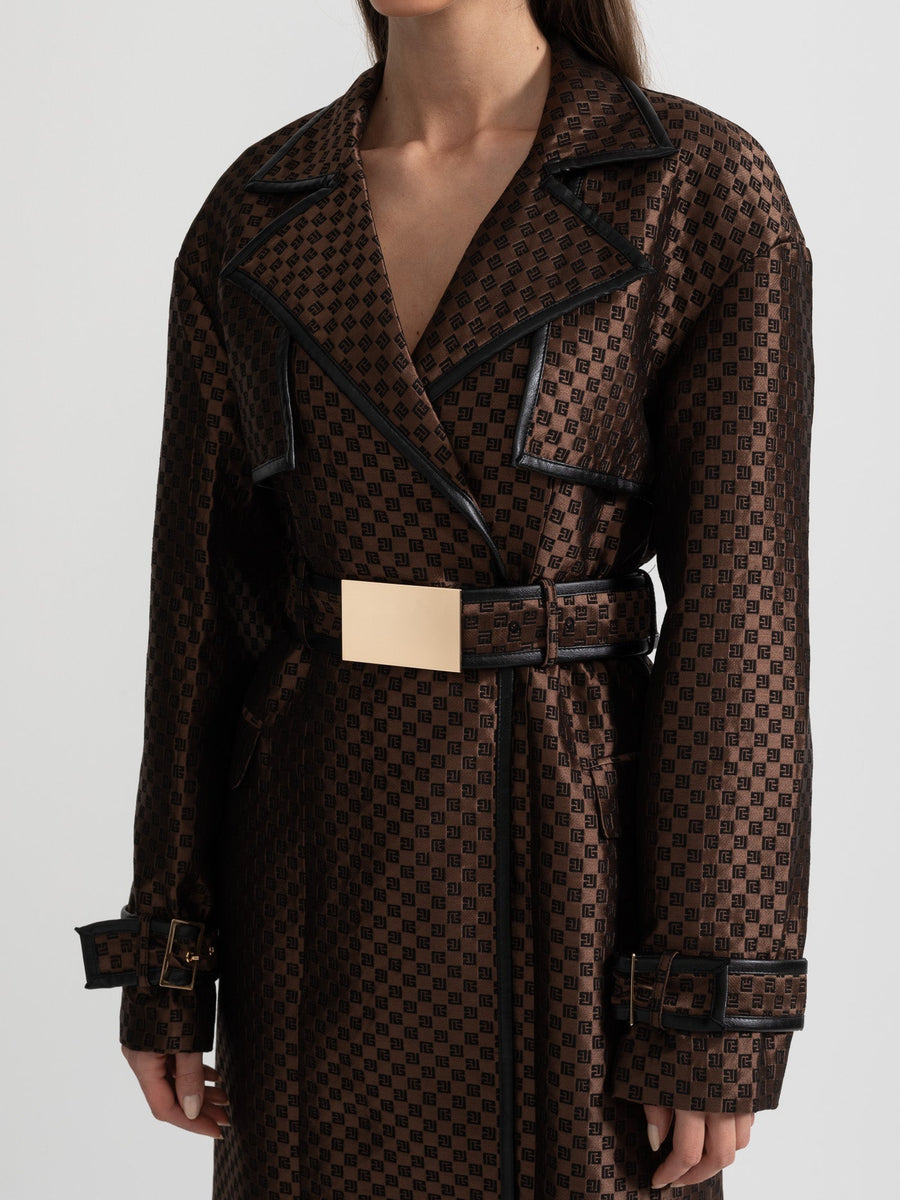 Jacquard Trench Coat With Gold Buckle Waist Belt - Brown