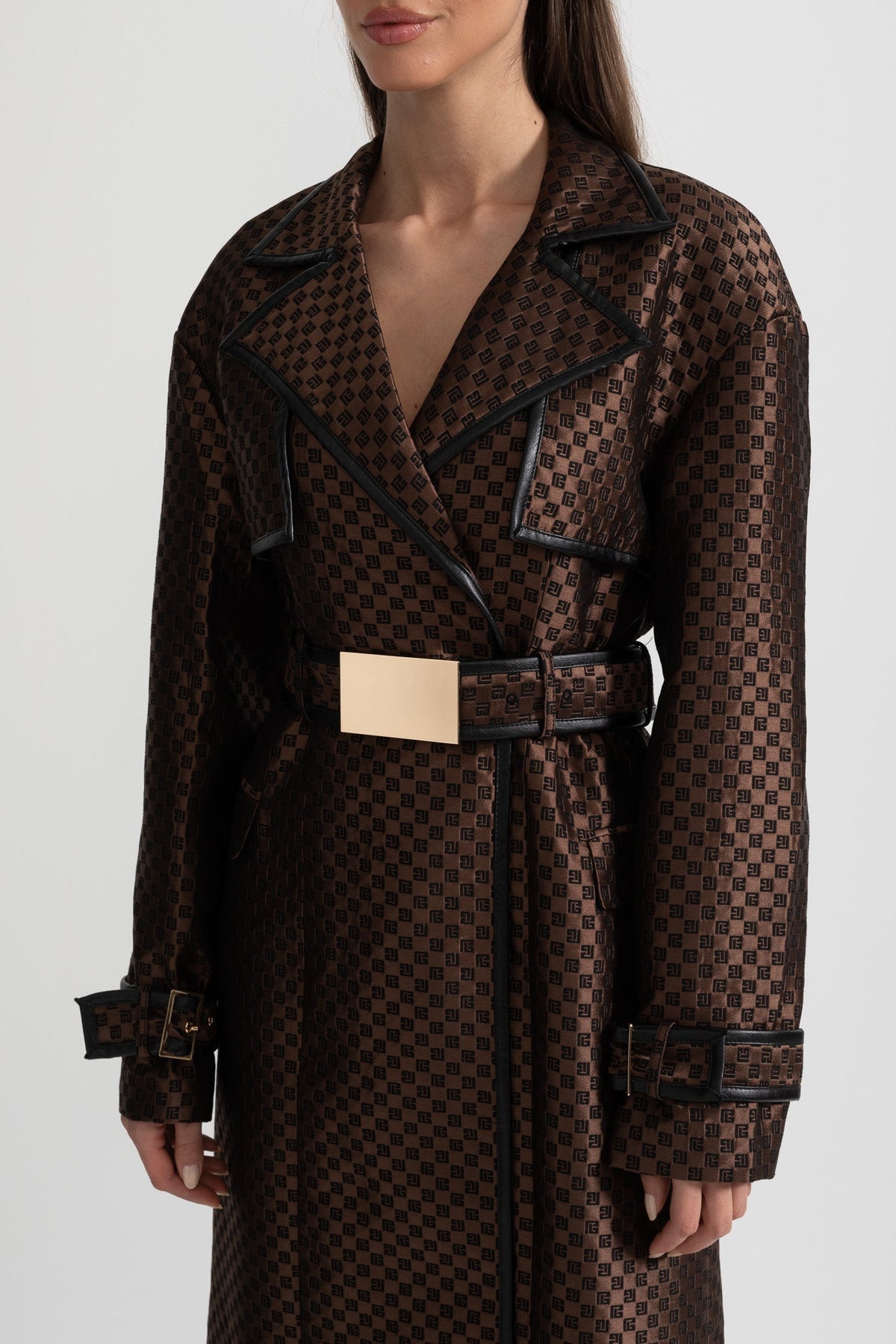 Ginevra — Jacquard Trench Coat With Gold Buckle Waist Belt - Brown, alternate view 6