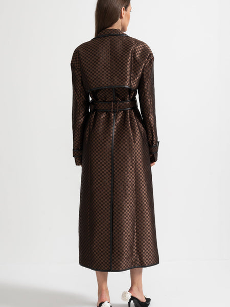 Jacquard Trench Coat With Gold Buckle Waist Belt - Brown