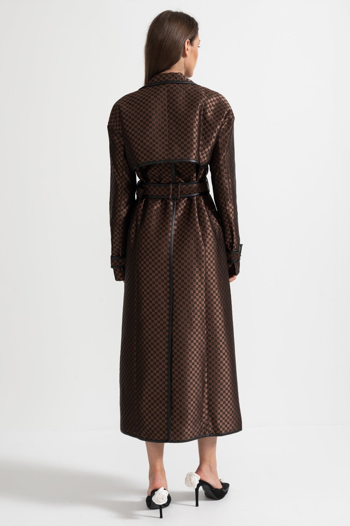 Ginevra — Jacquard Trench Coat With Gold Buckle Waist Belt - Brown, alternate view 8