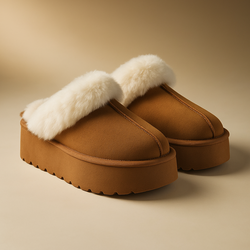 Ivory Beaumont — Weeboo Thick Bottom Fur Trim Snow Slippers Tan Fashion Footwear