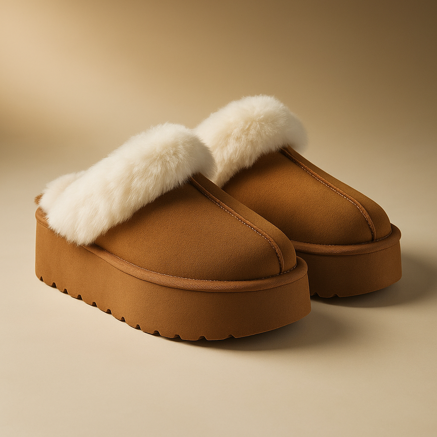 Ivory Beaumont — Weeboo Thick Bottom Fur Trim Snow Slippers Tan Fashion Footwear