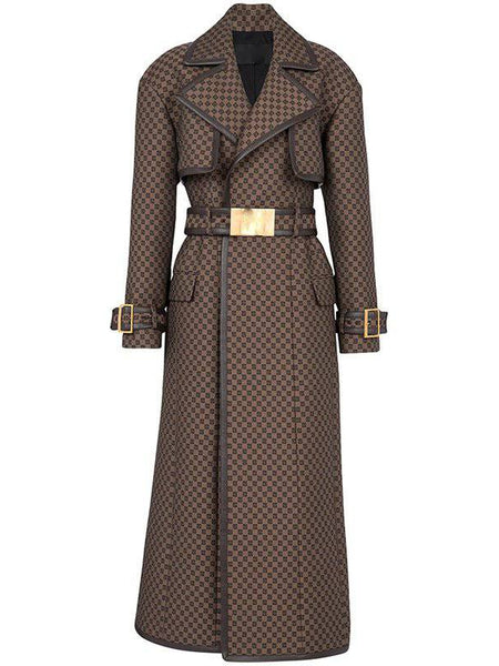 Jacquard Trench Coat With Gold Buckle Waist Belt - Brown