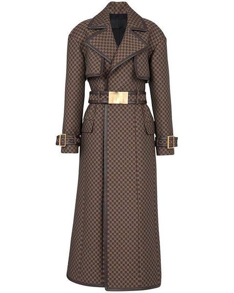 Jacquard Trench Coat With Gold Buckle Waist Belt - Brown