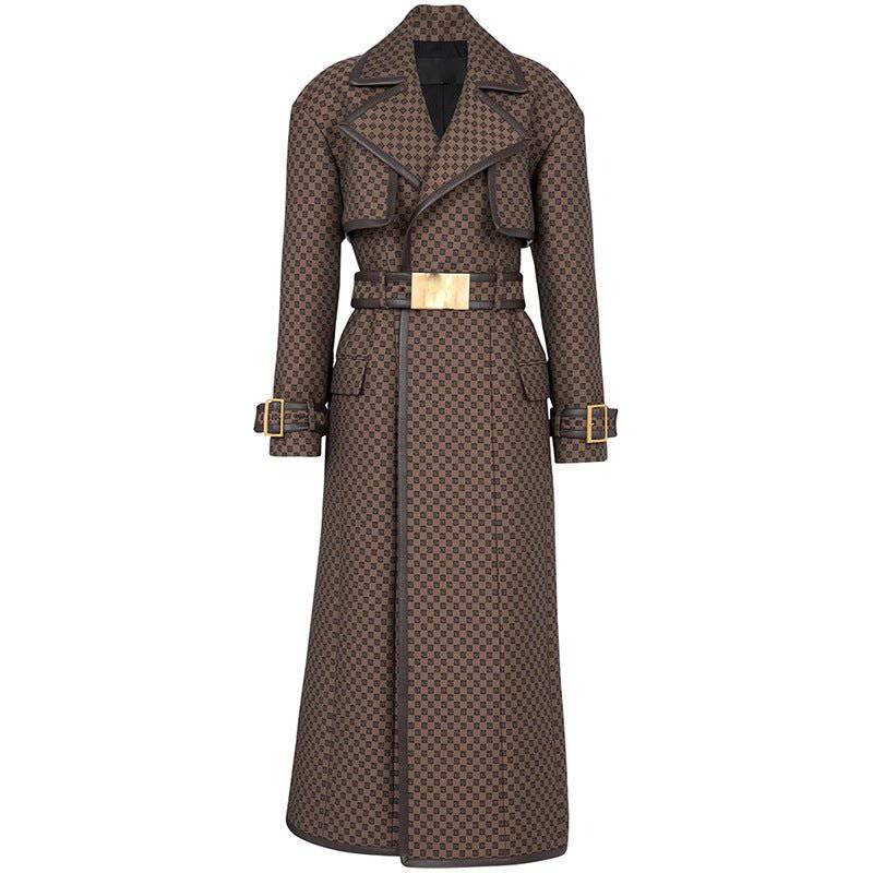 Ginevra — Jacquard Trench Coat With Gold Buckle Waist Belt - Brown, alternate view 2