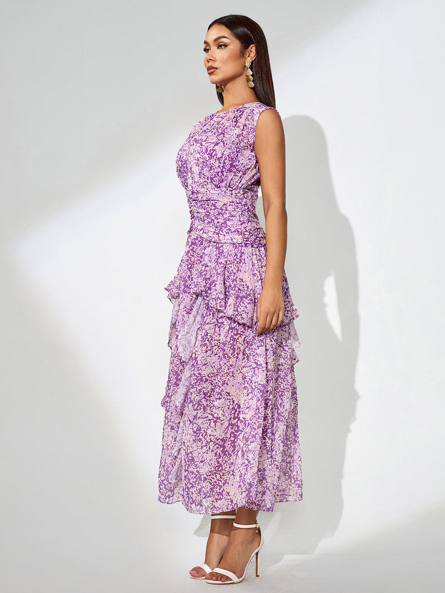 Floral Print Vertical Pleated Maxi Dress - Opulent Empire