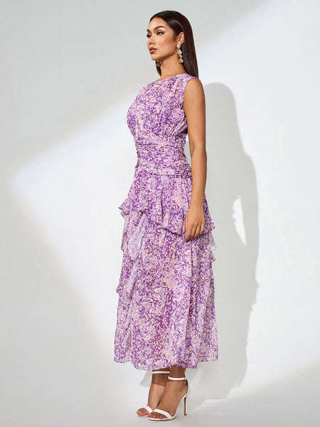 Floral Print Vertical Pleated Maxi Dress - Opulent Empire