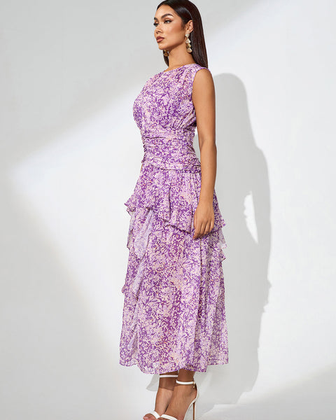 Floral Print Vertical Pleated Maxi Dress - Opulent Empire