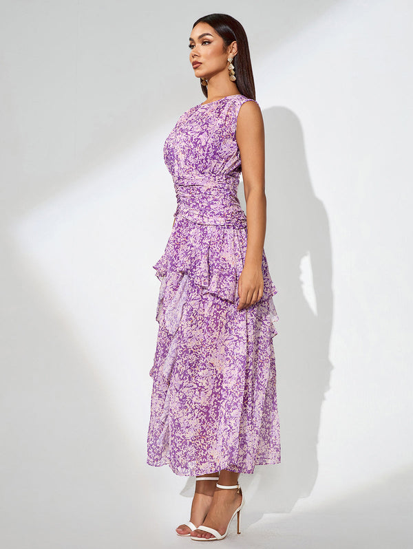 Floral Print Vertical Pleated Maxi Dress - Opulent Empire