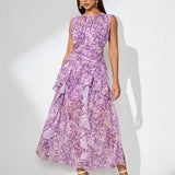 Floral Print Vertical Pleated Maxi Dress - Opulent Empire