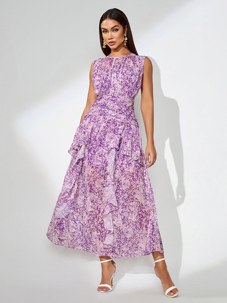 Floral Print Vertical Pleated Maxi Dress - Opulent Empire
