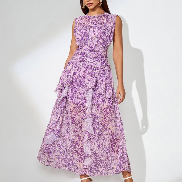 Floral Print Vertical Pleated Maxi Dress - Opulent Empire