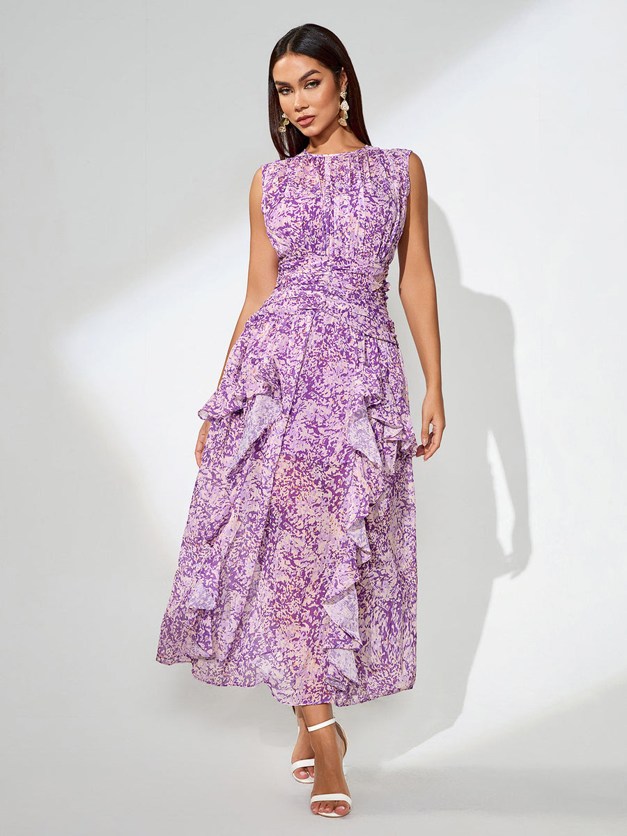 Floral Print Vertical Pleated Maxi Dress - Opulent Empire