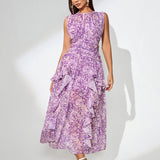 Floral Print Vertical Pleated Maxi Dress - Opulent Empire