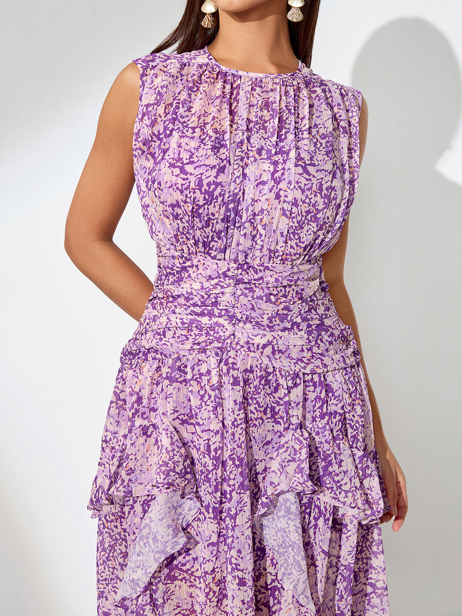 Floral Print Vertical Pleated Maxi Dress - Opulent Empire