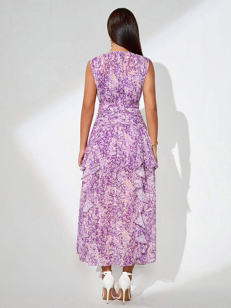 Floral Print Vertical Pleated Maxi Dress - Opulent Empire