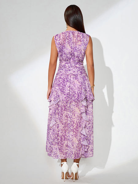Floral Print Vertical Pleated Maxi Dress - Opulent Empire