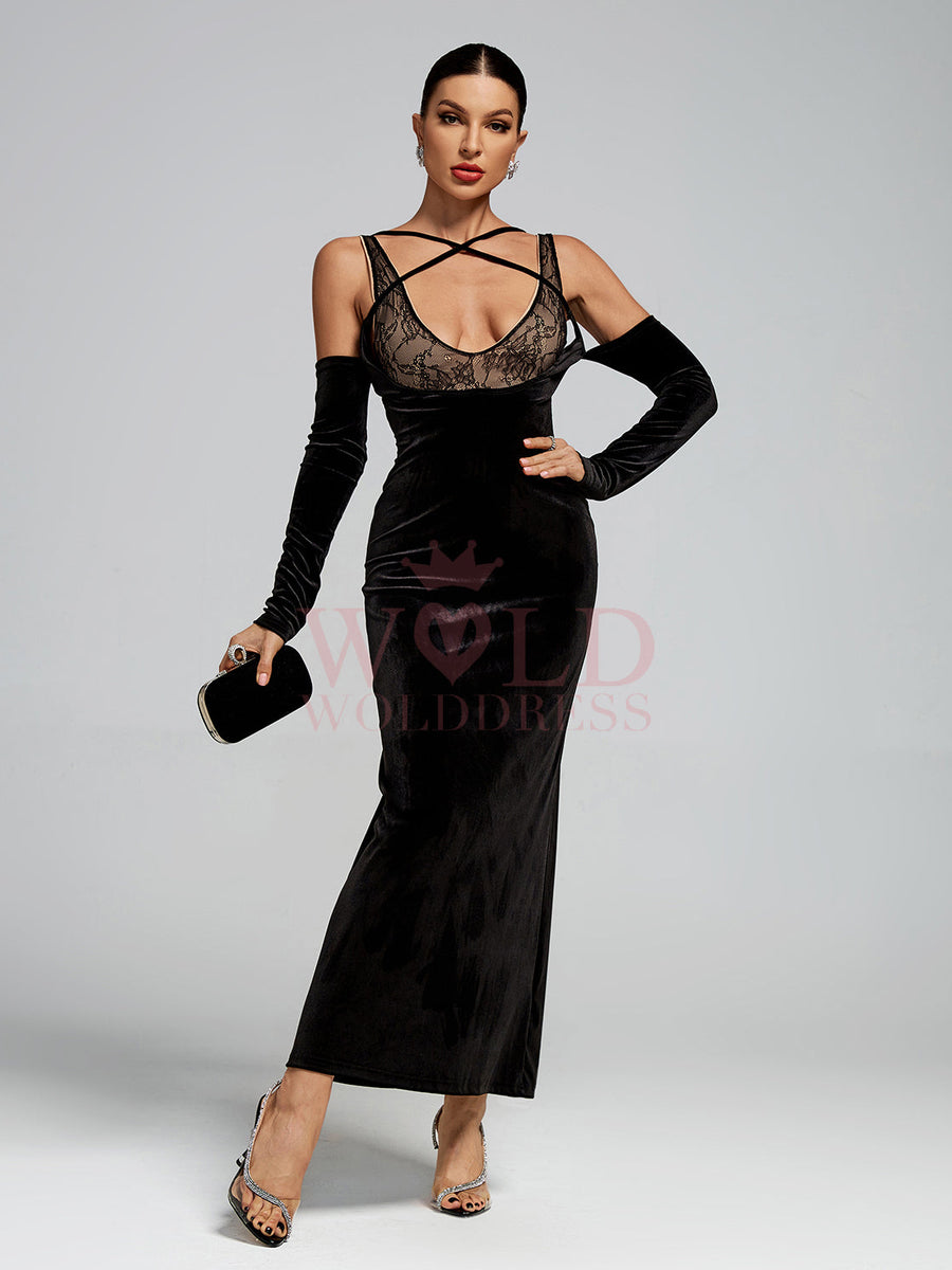 Strap Wrap Lace Corset Velvet Maxi Dress