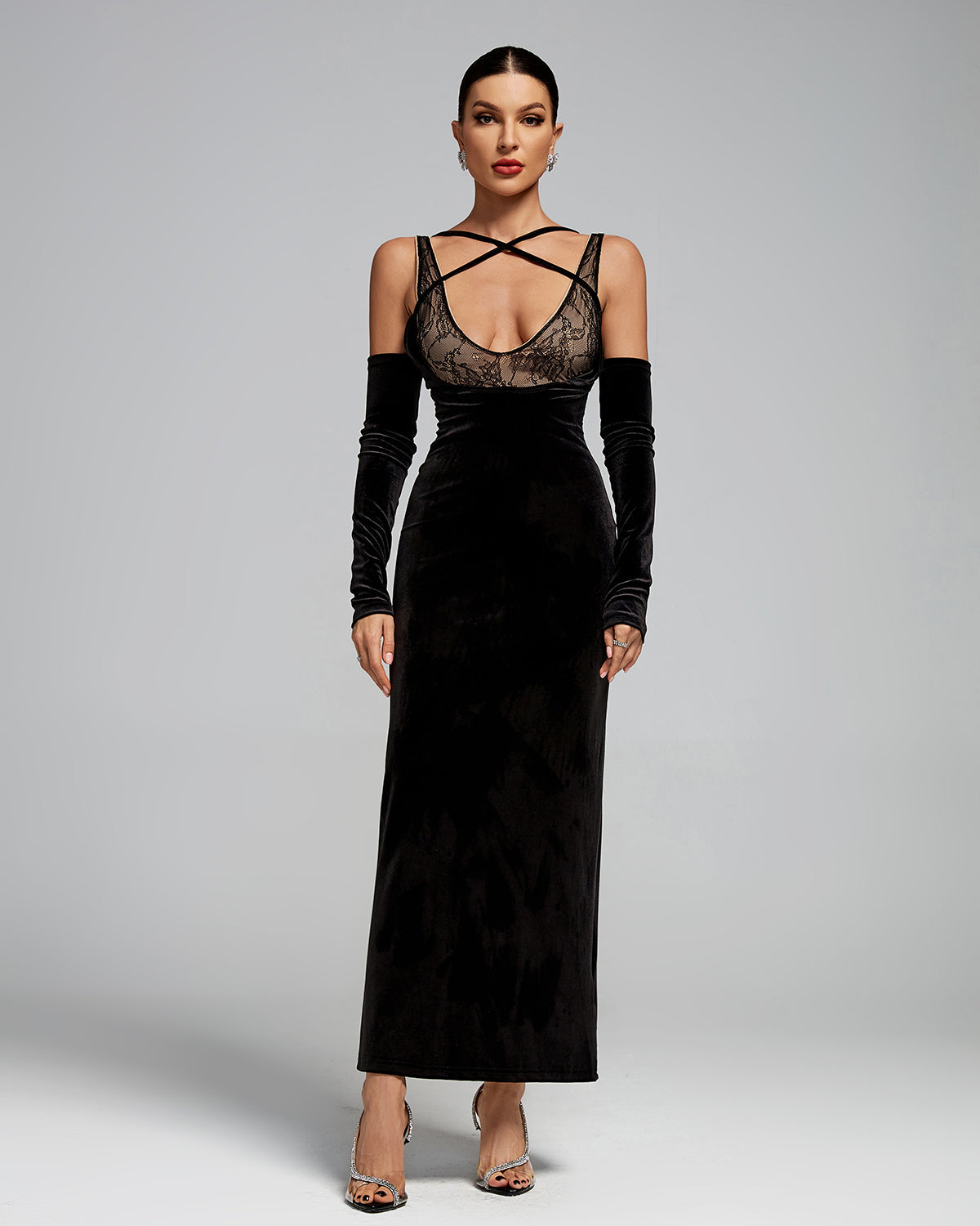 Wren Lefèvre — Strap Wrap Lace Corset Velvet Maxi Dress