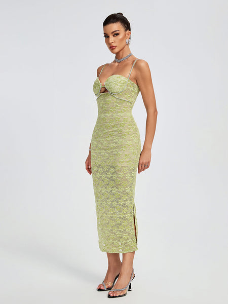 Lace Floral Crystal Chain Bustier Midi Dress