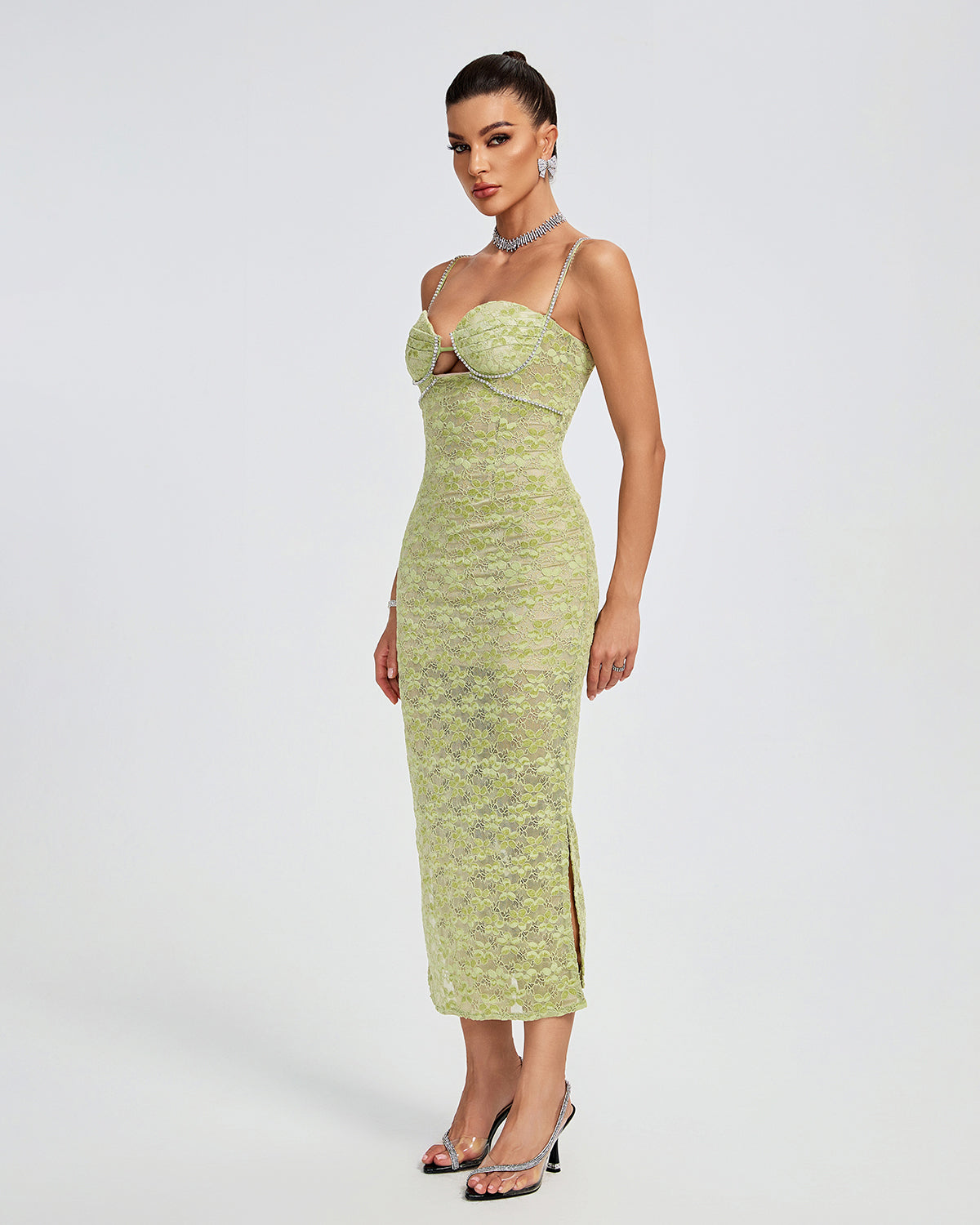 Indigo Vallière — Lace Floral Crystal Chain Bustier Midi Dress, alternate view 2