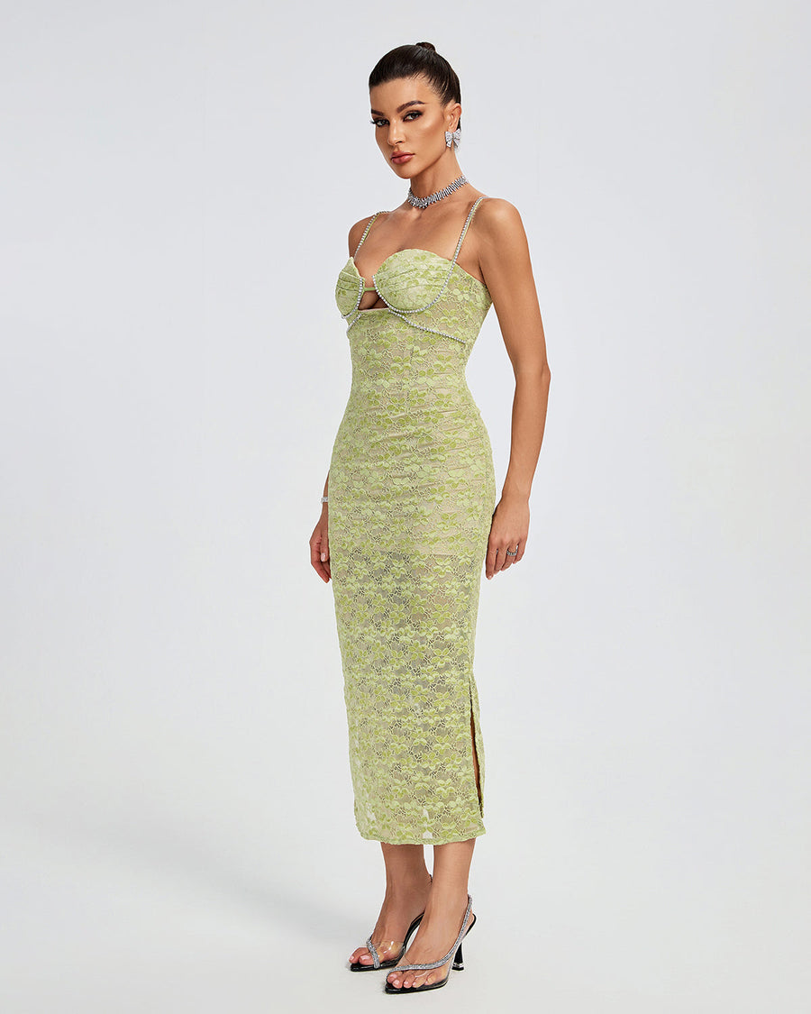 Indigo Vallière — Lace Floral Crystal Chain Bustier Midi Dress, alternate view 2