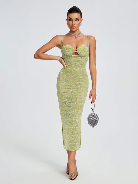 Lace Floral Crystal Chain Bustier Midi Dress