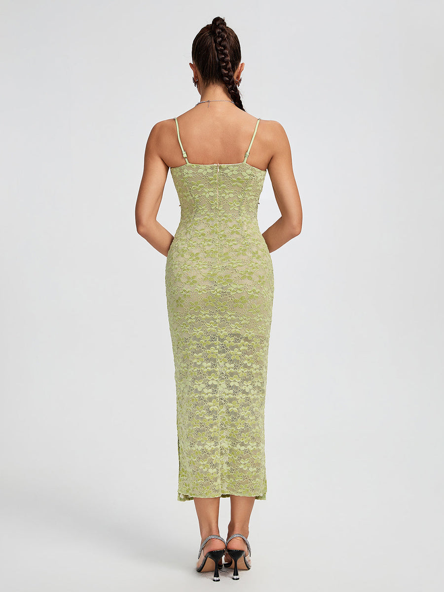 Lace Floral Crystal Chain Bustier Midi Dress