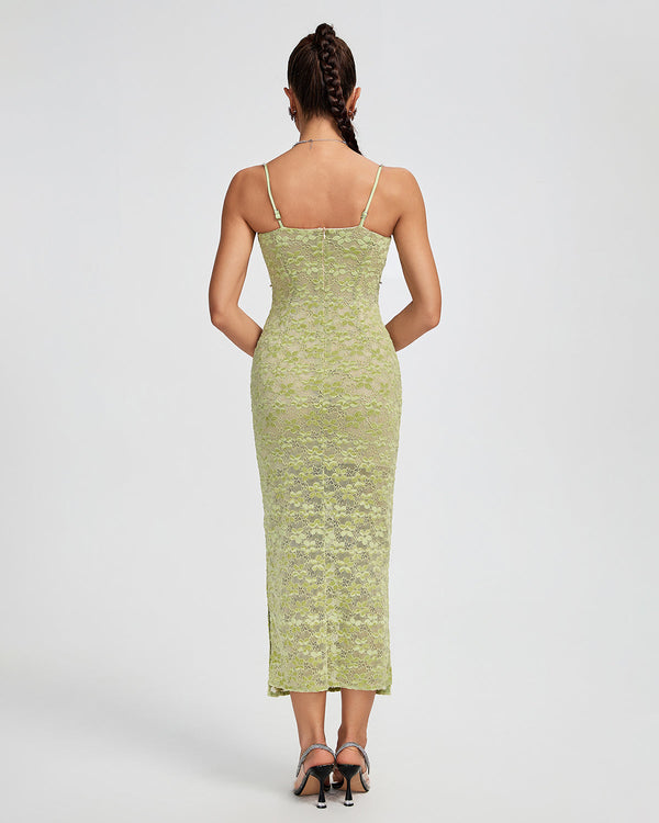 Lace Floral Crystal Chain Bustier Midi Dress