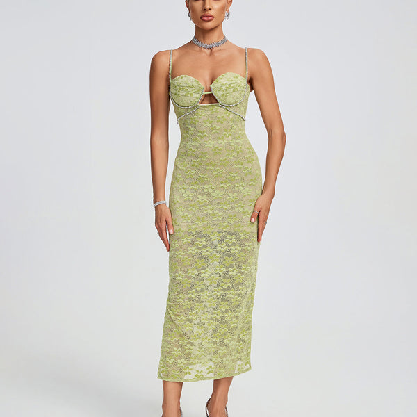 Lace Floral Crystal Chain Bustier Midi Dress