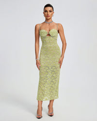Indigo Vallière — Lace Floral Crystal Chain Bustier Midi Dress