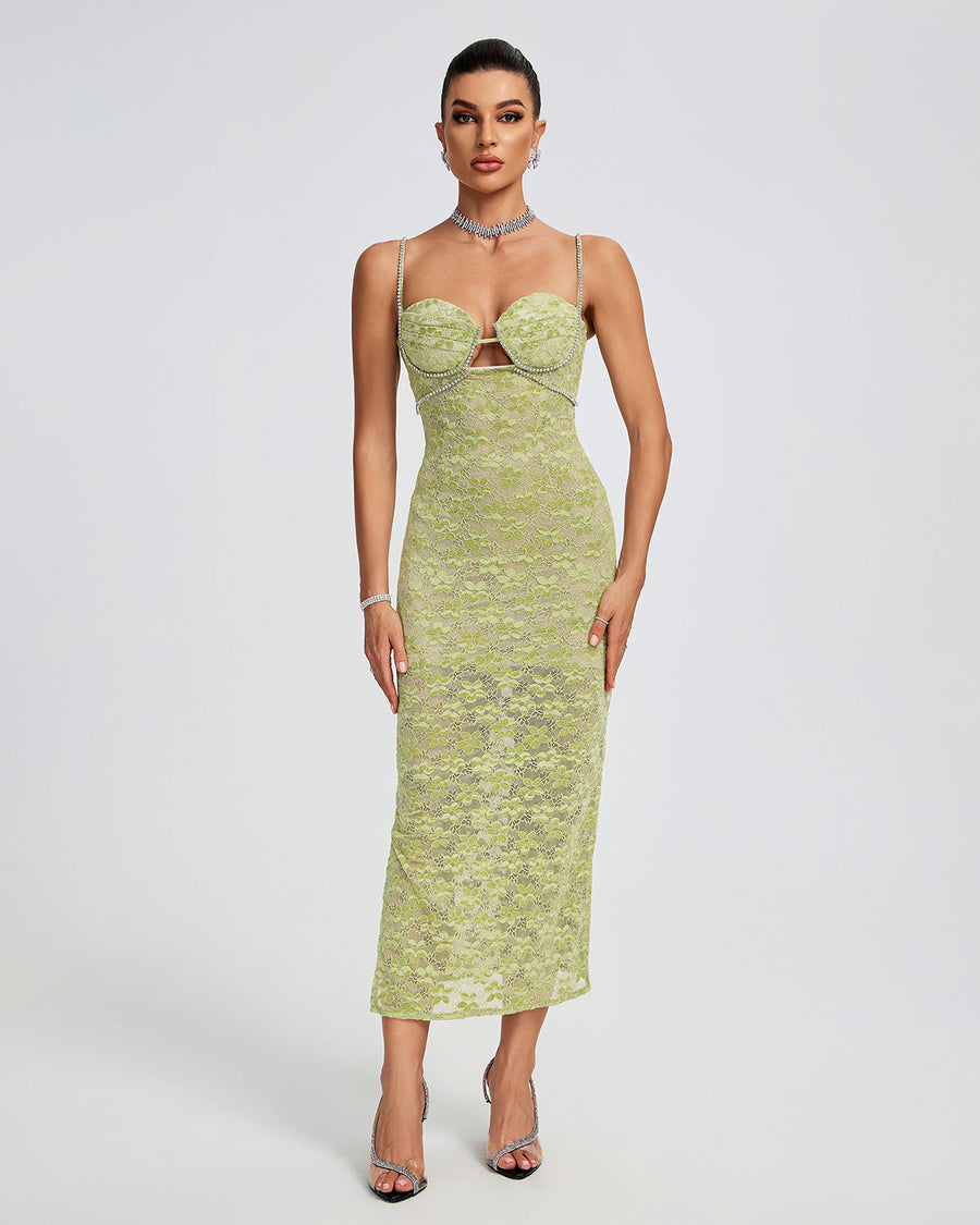 Indigo Vallière — Lace Floral Crystal Chain Bustier Midi Dress