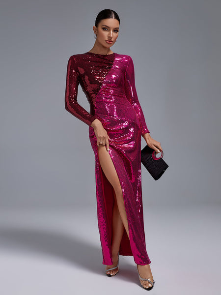 Ruched Sequined High Slit Maxi Dress