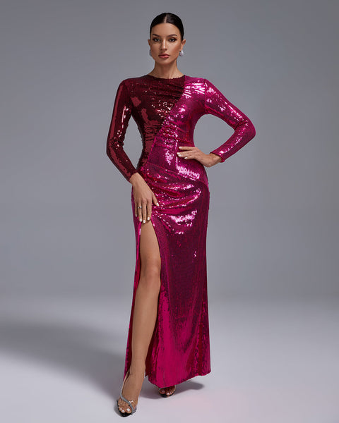 Ruched Sequined High Slit Maxi Dress